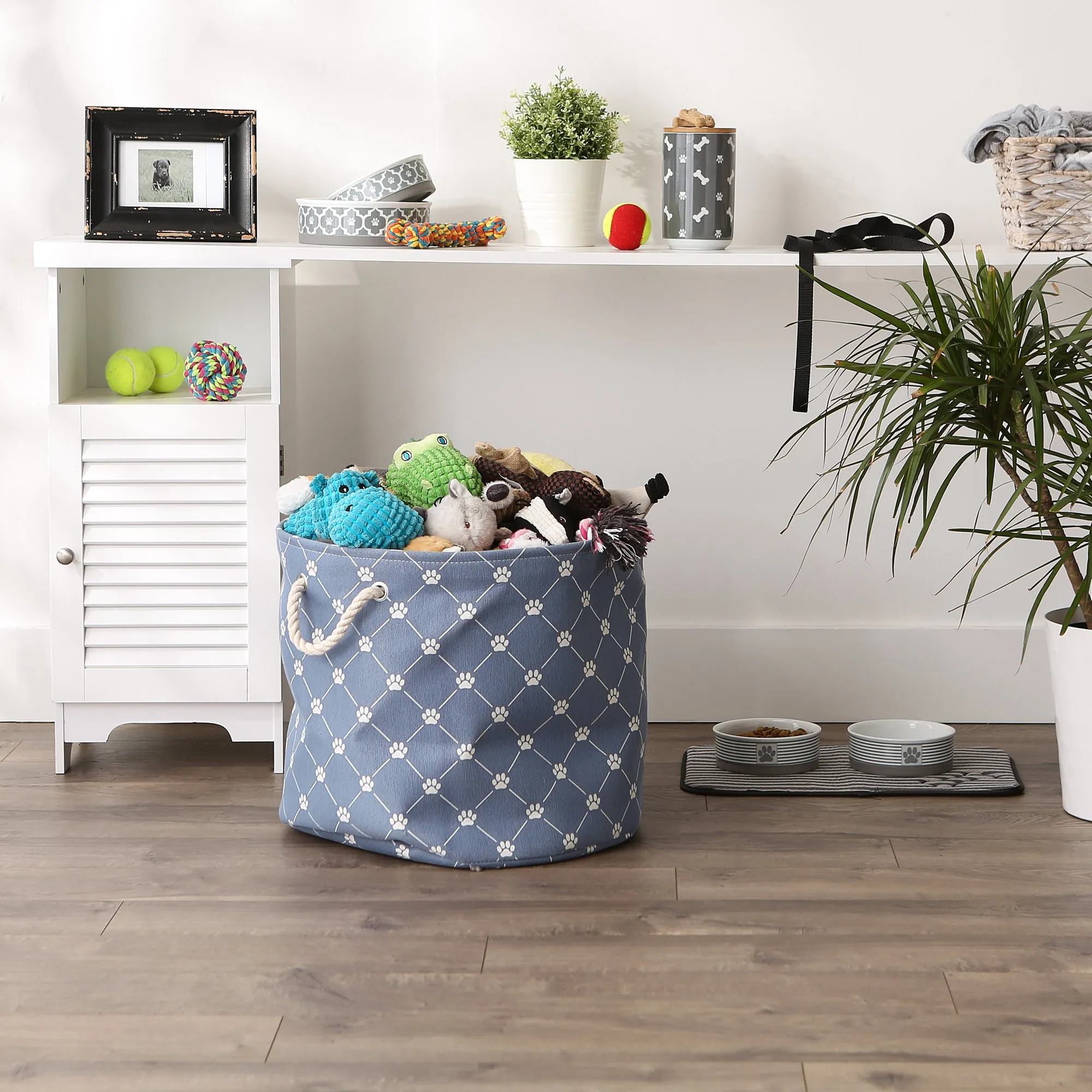 Collapsible Pet Storage Collapsible Bin, Trellis Paw Print, Stonewash Blue, Large Round - 18x15"