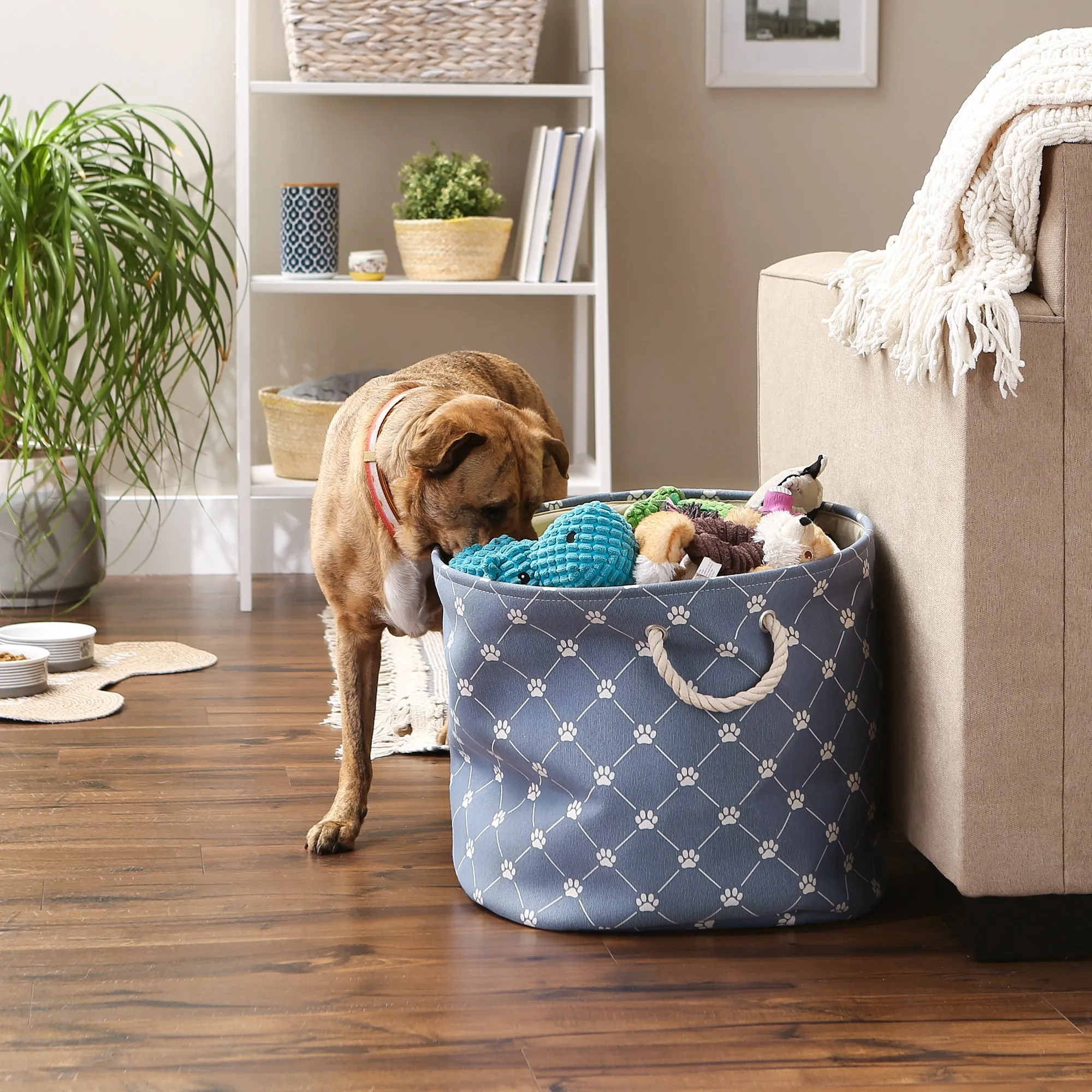 Collapsible Pet Storage Collapsible Bin, Trellis Paw Print, Stonewash Blue, Large Round - 18x15"