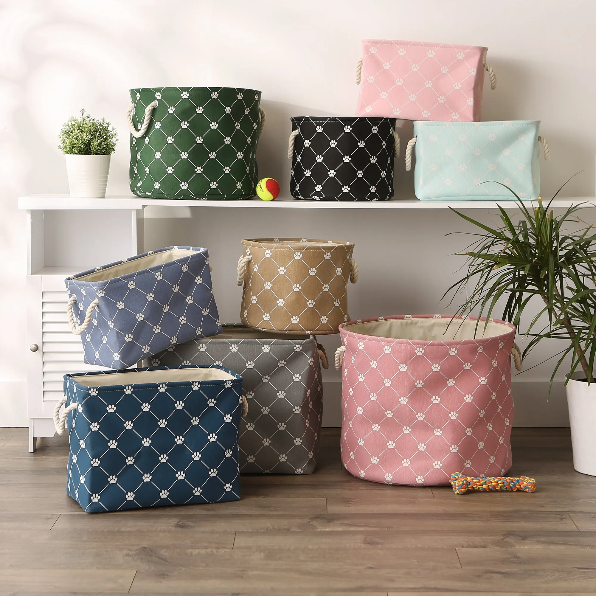 Collapsible Pet Storage Collapsible Bin, Trellis Paw Print, Stonewash Blue, Large Round - 18x15"