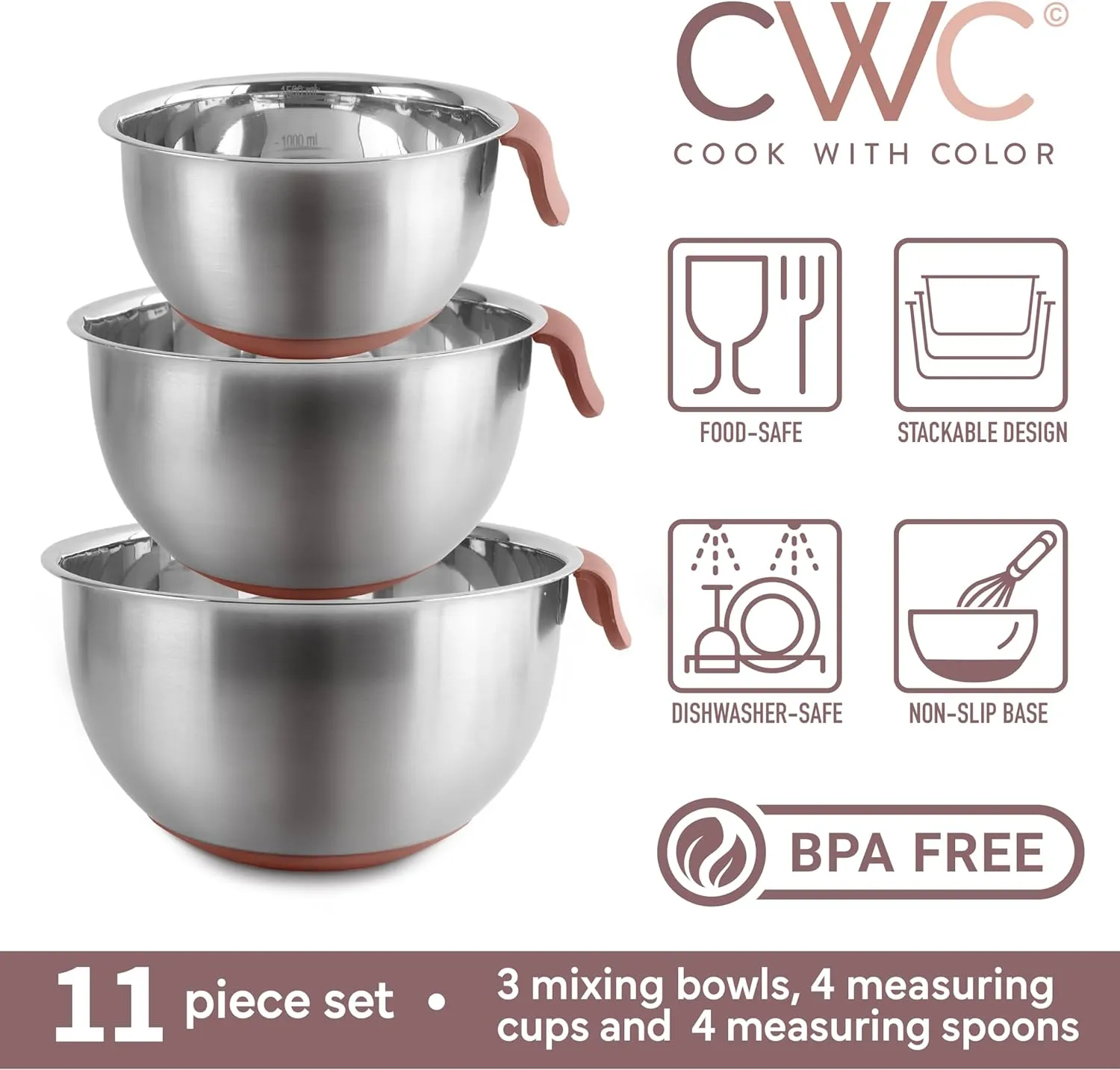 COOK WITH COLOR Stainless Steel Mixing Bowls Set and Measuring Cups- Nesting Bowls with Non-Slip Bottom and Easy-Grip Handles, Rose, 11 Pieces