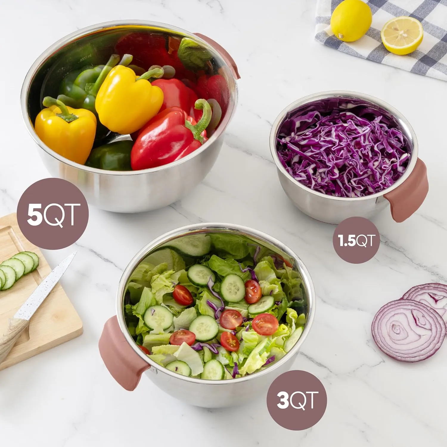 COOK WITH COLOR Stainless Steel Mixing Bowls Set and Measuring Cups- Nesting Bowls with Non-Slip Bottom and Easy-Grip Handles, Rose, 11 Pieces