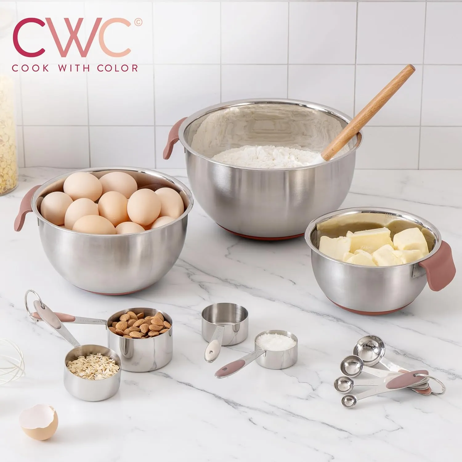 COOK WITH COLOR Stainless Steel Mixing Bowls Set and Measuring Cups- Nesting Bowls with Non-Slip Bottom and Easy-Grip Handles, Rose, 11 Pieces