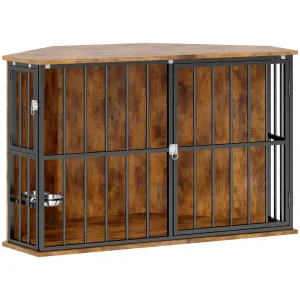 Corner Dog Crate Furniture with 2 Bowls, Lockable Doors, for Small Medium Dogs, Rustic Brown