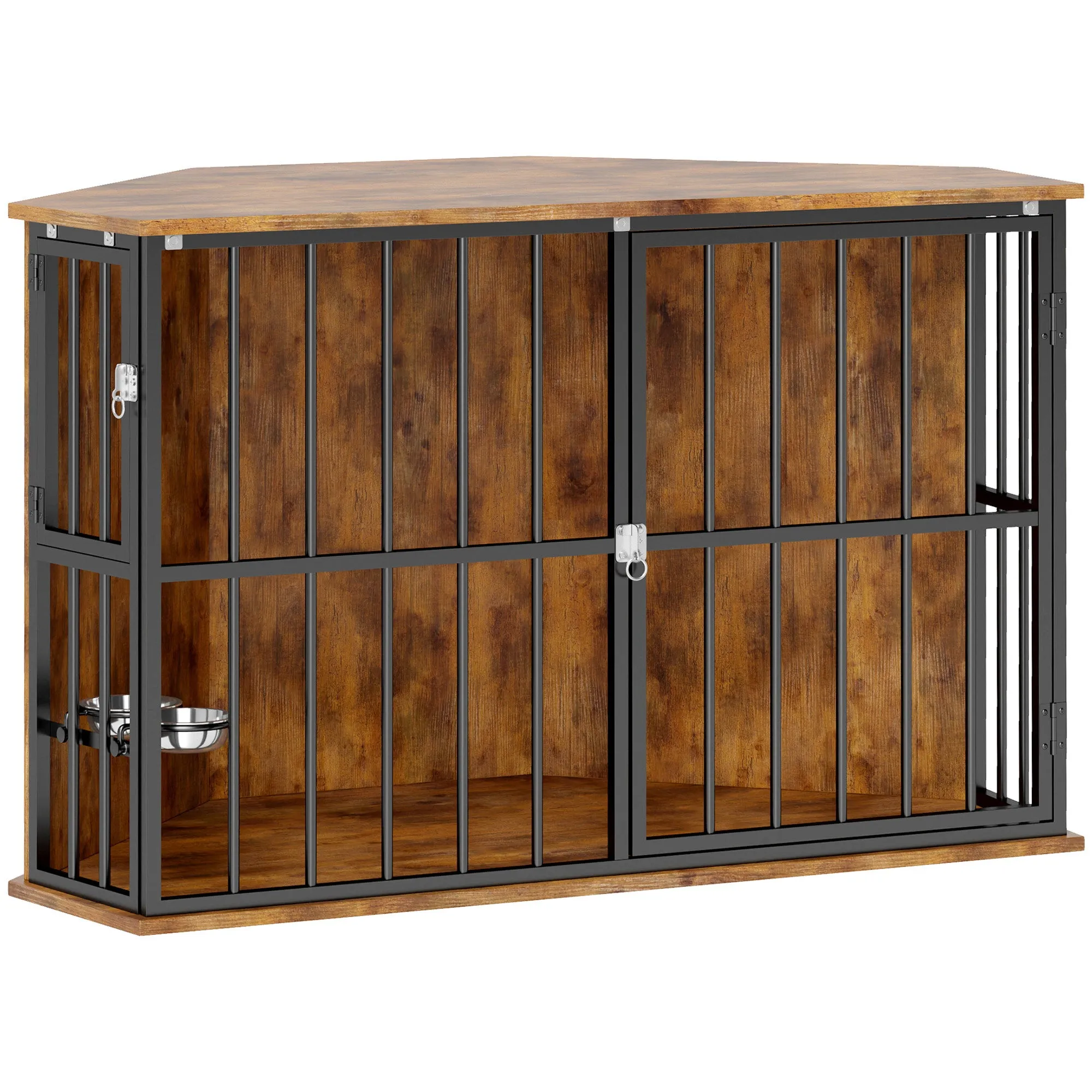Corner Dog Crate Furniture with 2 Bowls, Lockable Doors, for Small Medium Dogs, Rustic Brown