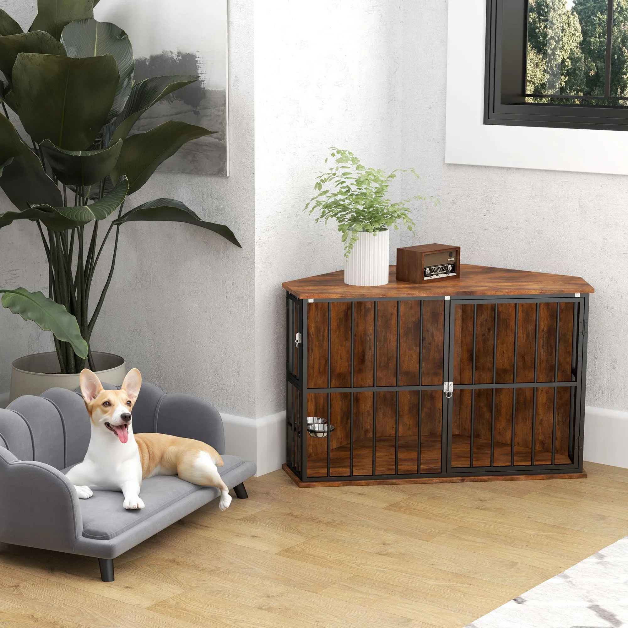 Corner Dog Crate Furniture with 2 Bowls, Lockable Doors, for Small Medium Dogs, Rustic Brown