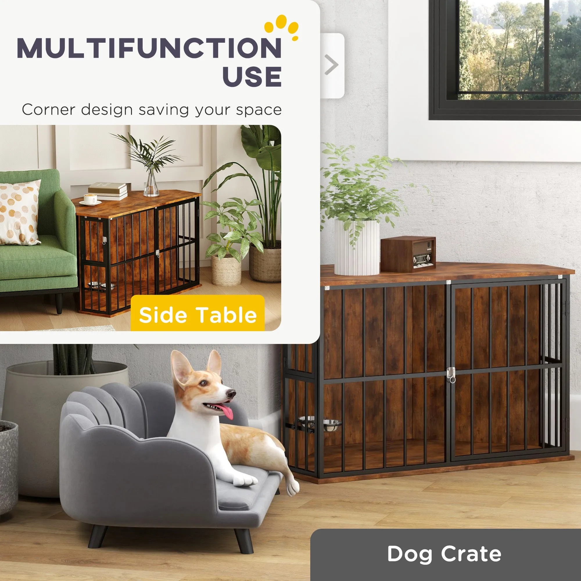 Corner Dog Crate Furniture with 2 Bowls, Lockable Doors, for Small Medium Dogs, Rustic Brown