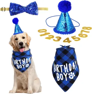 Dog Birthday Party Supplies, Birthday Boy Girl Cake Bandana Triangle Scarf Party Hat Dog Bow Tie Collar with Numbers, for Large Medium Small Dog Puppy 1st Birthday (Elegant Style)