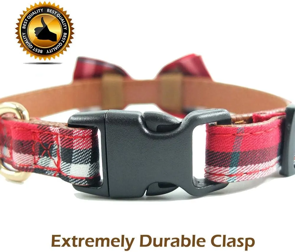 Dog Collar Bowtie - Cute Plaid Sturdy Soft Material&Leather Dog Collars for Small Medium Large Dogs Breed Pup Adjustable 18 Colors and 3 Sizes (red Plaid 2, L 15"-23")