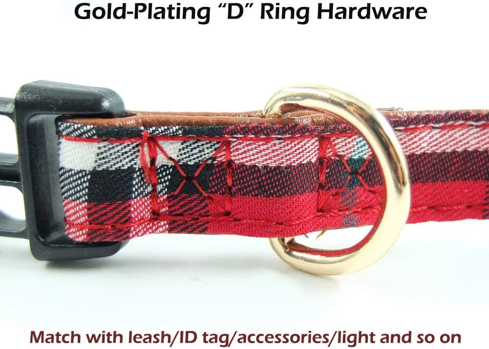Dog Collar Bowtie - Cute Plaid Sturdy Soft Material&Leather Dog Collars for Small Medium Large Dogs Breed Pup Adjustable 18 Colors and 3 Sizes (red Plaid 2, L 15"-23")