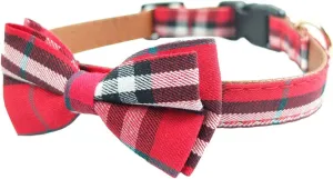 Dog Collar Bowtie - Cute Plaid Sturdy Soft Material&Leather Dog Collars for Small Medium Large Dogs Breed Pup Adjustable 18 Colors and 3 Sizes (red Plaid 2, L 15"-23")