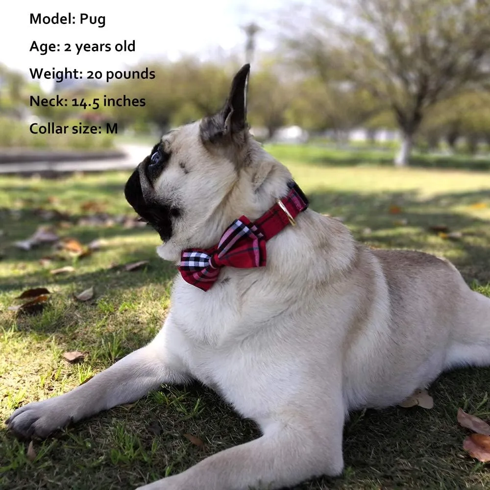 Dog Collar Bowtie - Cute Plaid Sturdy Soft Material&Leather Dog Collars for Small Medium Large Dogs Breed Pup Adjustable 18 Colors and 3 Sizes (red Plaid 2, L 15"-23")