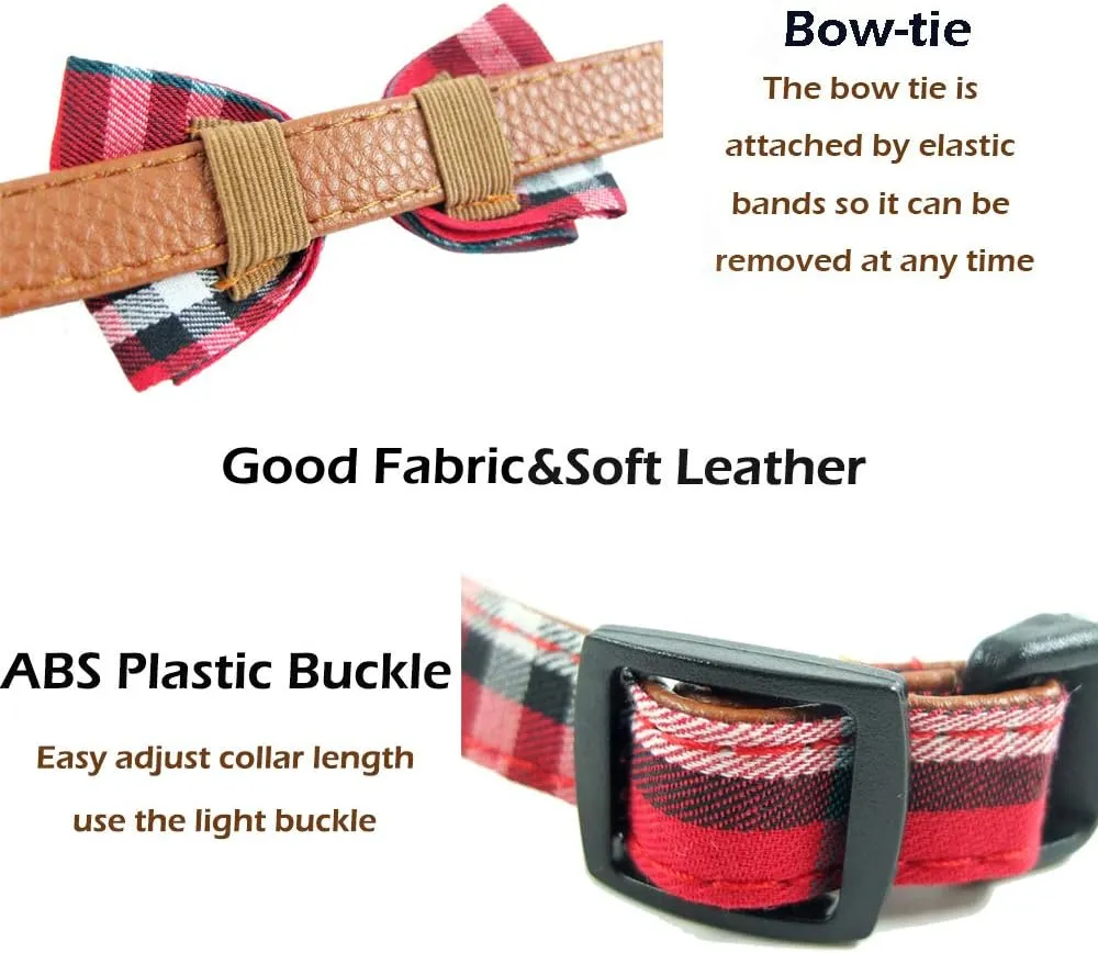 Dog Collar Bowtie - Cute Plaid Sturdy Soft Material&Leather Dog Collars for Small Medium Large Dogs Breed Pup Adjustable 18 Colors and 3 Sizes (red Plaid 2, L 15"-23")