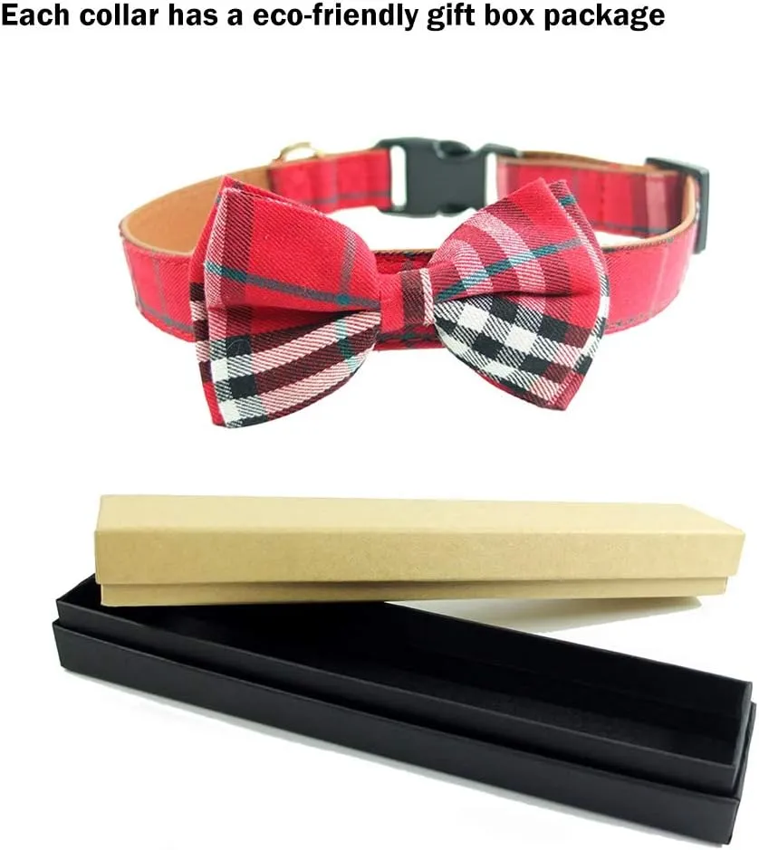 Dog Collar Bowtie - Cute Plaid Sturdy Soft Material&Leather Dog Collars for Small Medium Large Dogs Breed Pup Adjustable 18 Colors and 3 Sizes (red Plaid 2, L 15"-23")