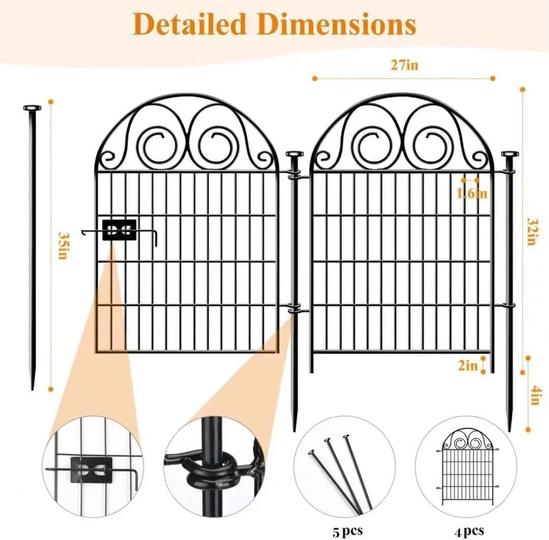 Dog Fence Outdoor for Yard, 32 in(H)8.8 Ft(L) 4 Panels Garden Fences with Gate, Black Metal No Dig Fence for Dogs, Reusable Defense Temporary FencingPatented