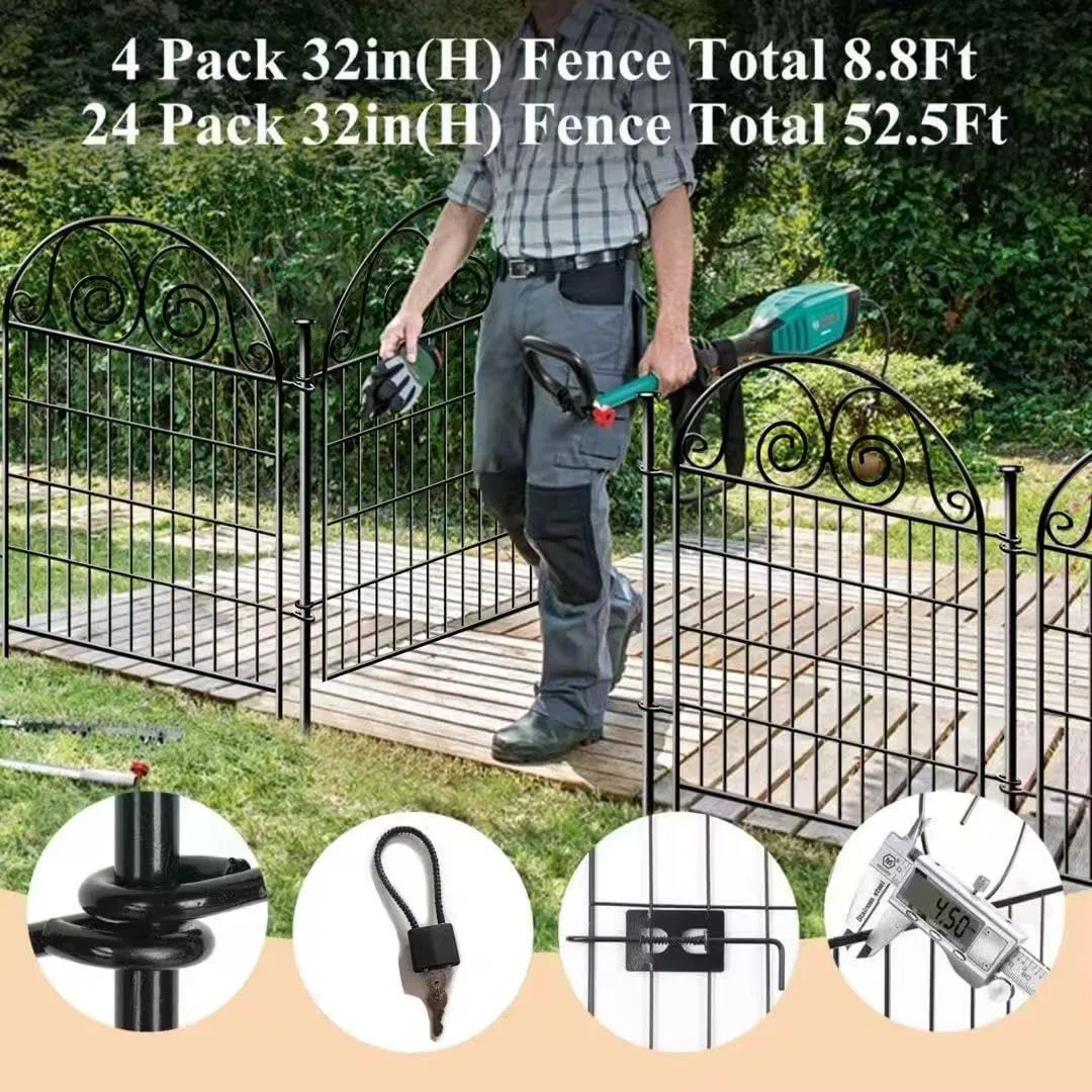 Dog Fence Outdoor for Yard, 32 in(H)8.8 Ft(L) 4 Panels Garden Fences with Gate, Black Metal No Dig Fence for Dogs, Reusable Defense Temporary FencingPatented