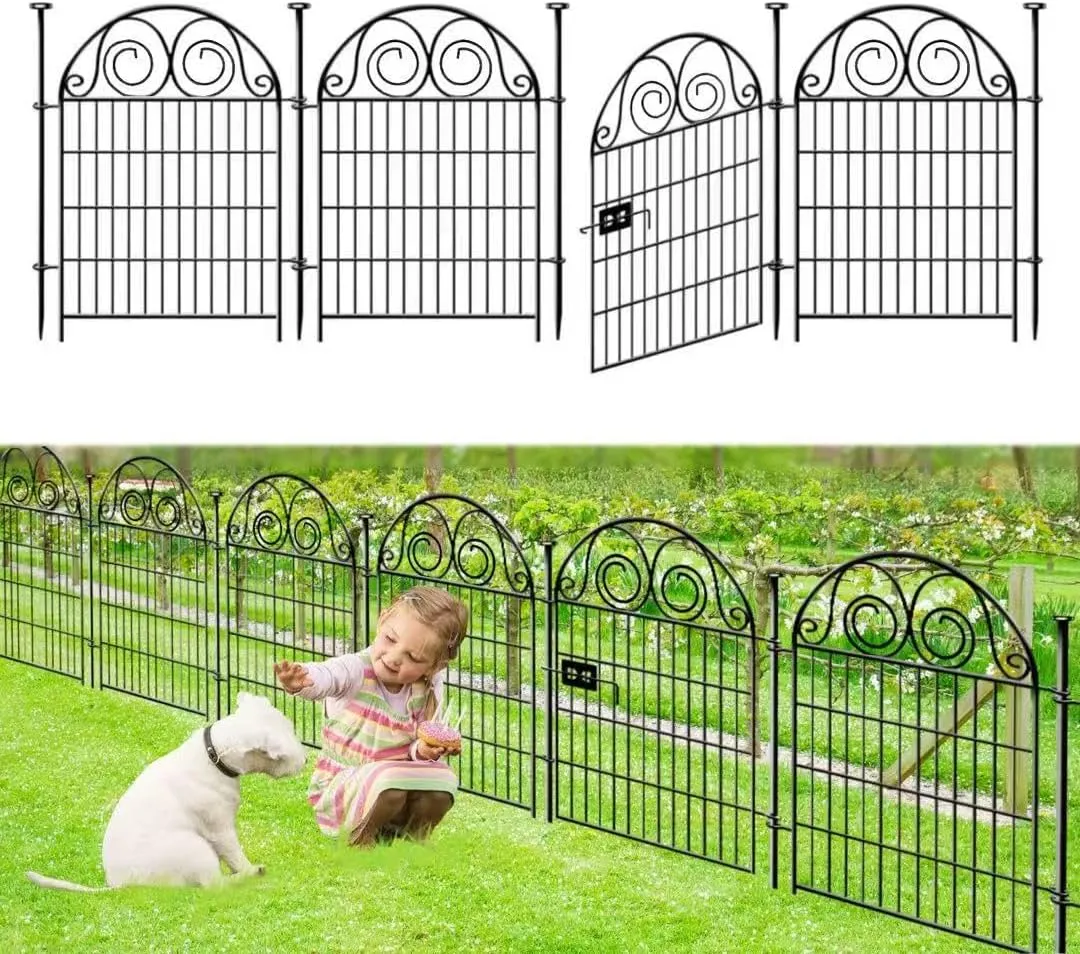Dog Fence Outdoor for Yard, 32 in(H)8.8 Ft(L) 4 Panels Garden Fences with Gate, Black Metal No Dig Fence for Dogs, Reusable Defense Temporary FencingPatented