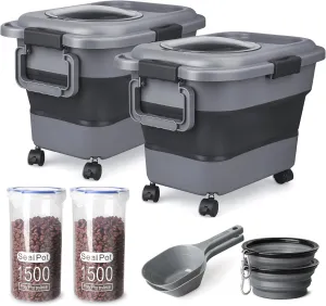 Dog Food Storage Container, 2 Pack 20 lbs Airtight Collapsible Cat Food Storage Container with Attachable Wheels, Portable Handle, Dog Food Scoop for Dog Cat Bird Pet Dry Food Storage Bin Medium