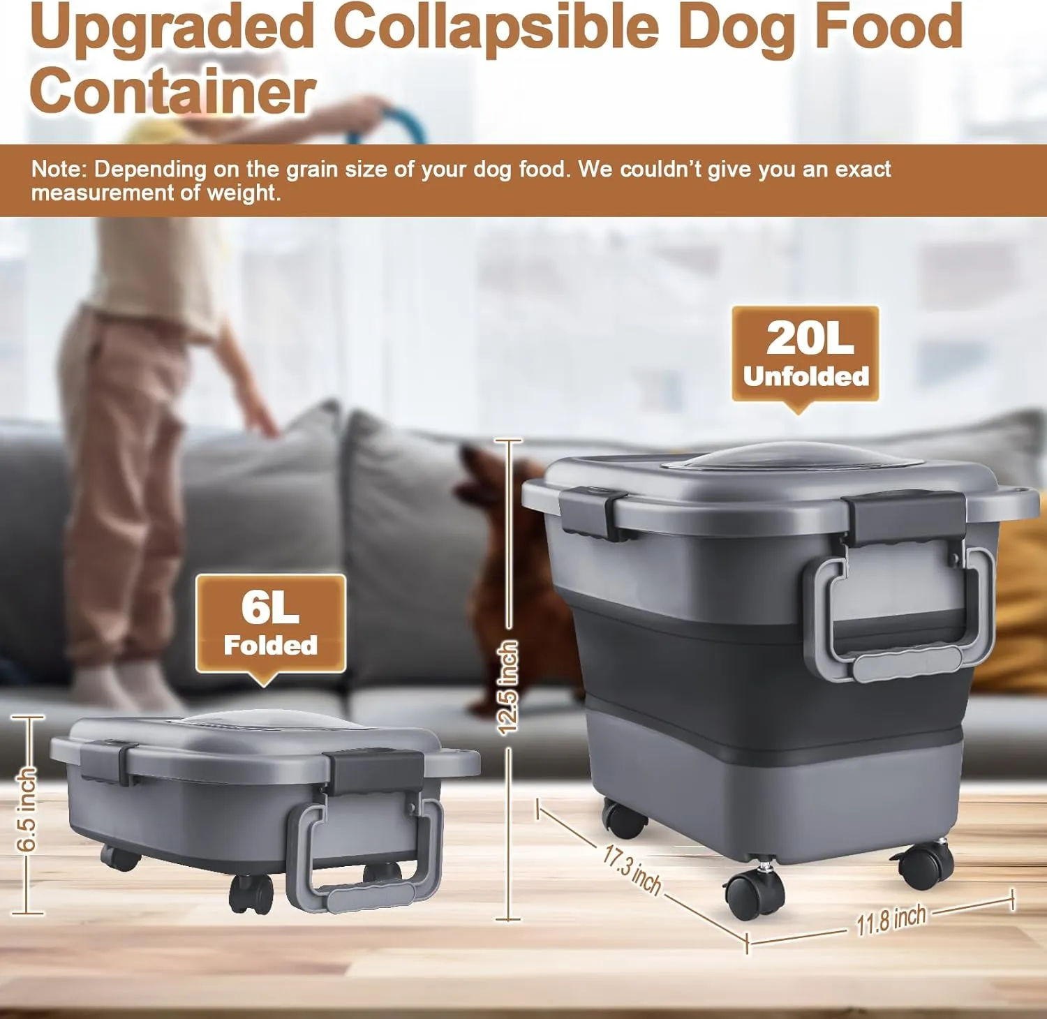 Dog Food Storage Container, 2 Pack 20 lbs Airtight Collapsible Cat Food Storage Container with Attachable Wheels, Portable Handle, Dog Food Scoop for Dog Cat Bird Pet Dry Food Storage Bin Medium