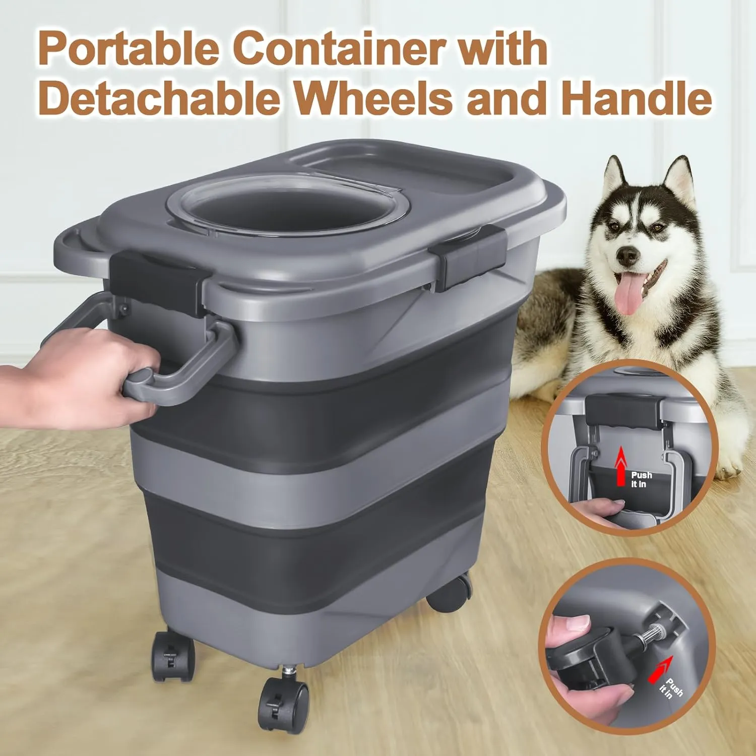 Dog Food Storage Container, 2 Pack 20 lbs Airtight Collapsible Cat Food Storage Container with Attachable Wheels, Portable Handle, Dog Food Scoop for Dog Cat Bird Pet Dry Food Storage Bin Medium
