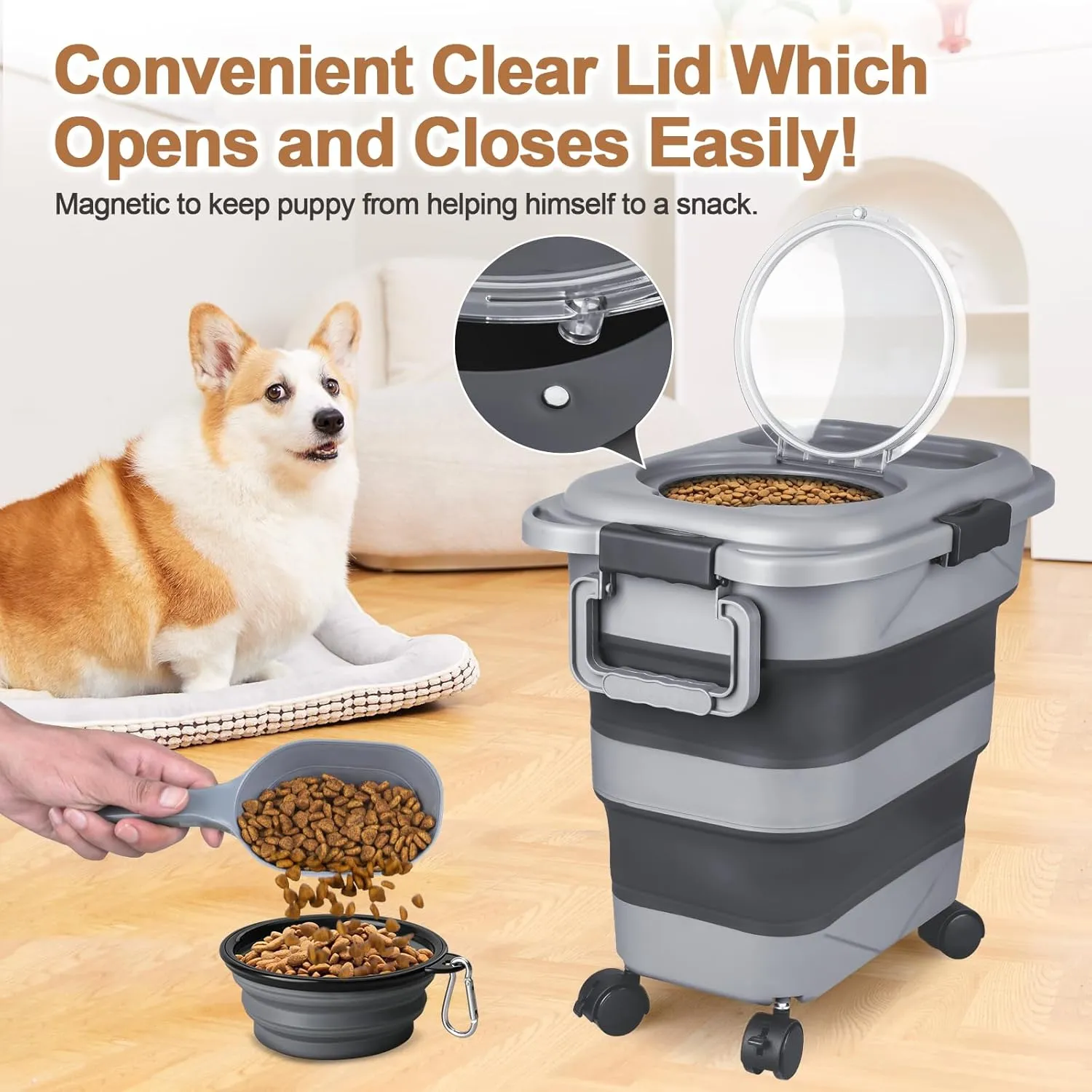 Dog Food Storage Container, 2 Pack 20 lbs Airtight Collapsible Cat Food Storage Container with Attachable Wheels, Portable Handle, Dog Food Scoop for Dog Cat Bird Pet Dry Food Storage Bin Medium