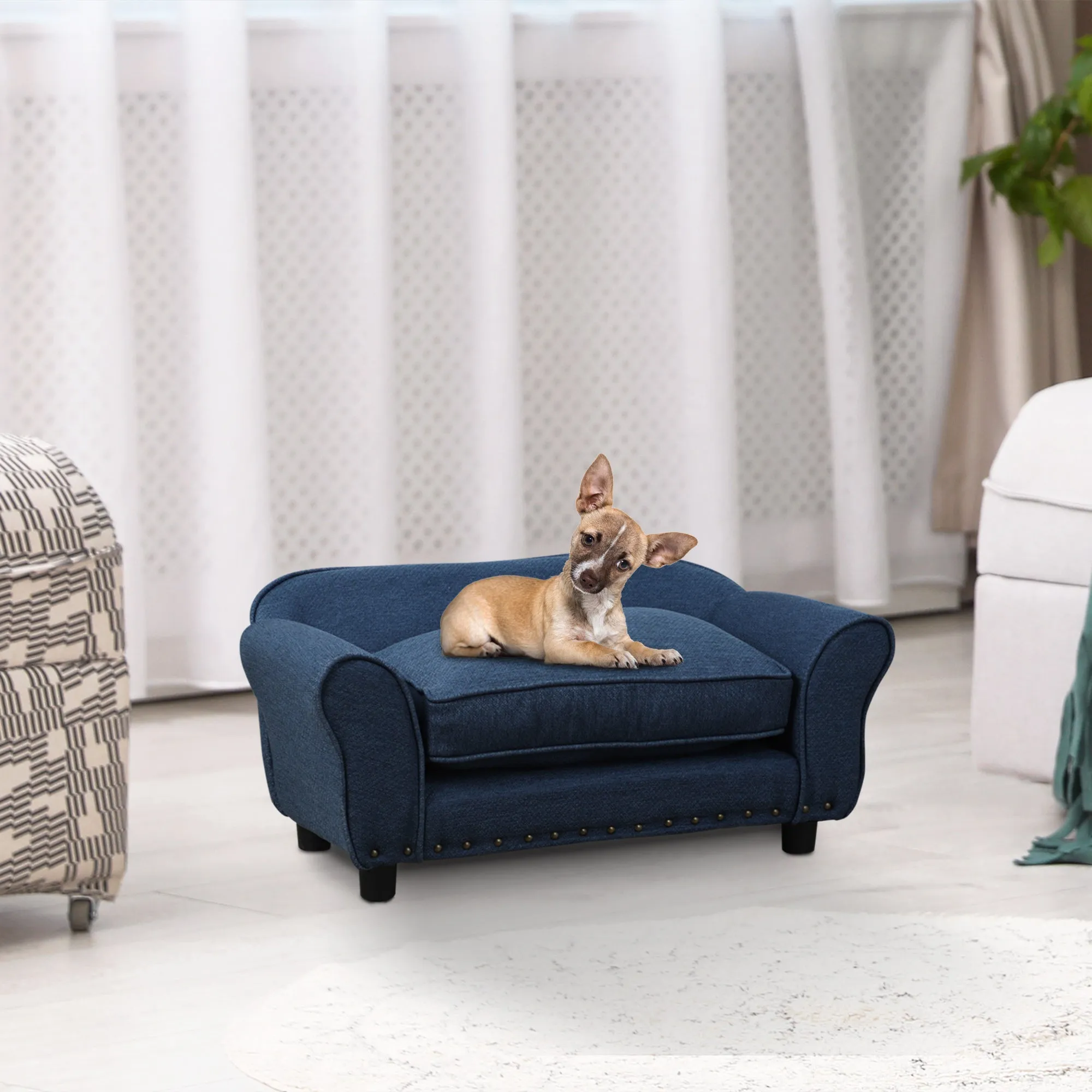 Dogs Elevated Plush Sponge Sofa Bed Navy