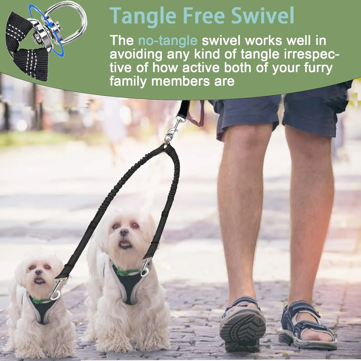 Dual Dog Leash Coupler - 360 No Tangle Double Leash for Medium Large Dogs - Black
