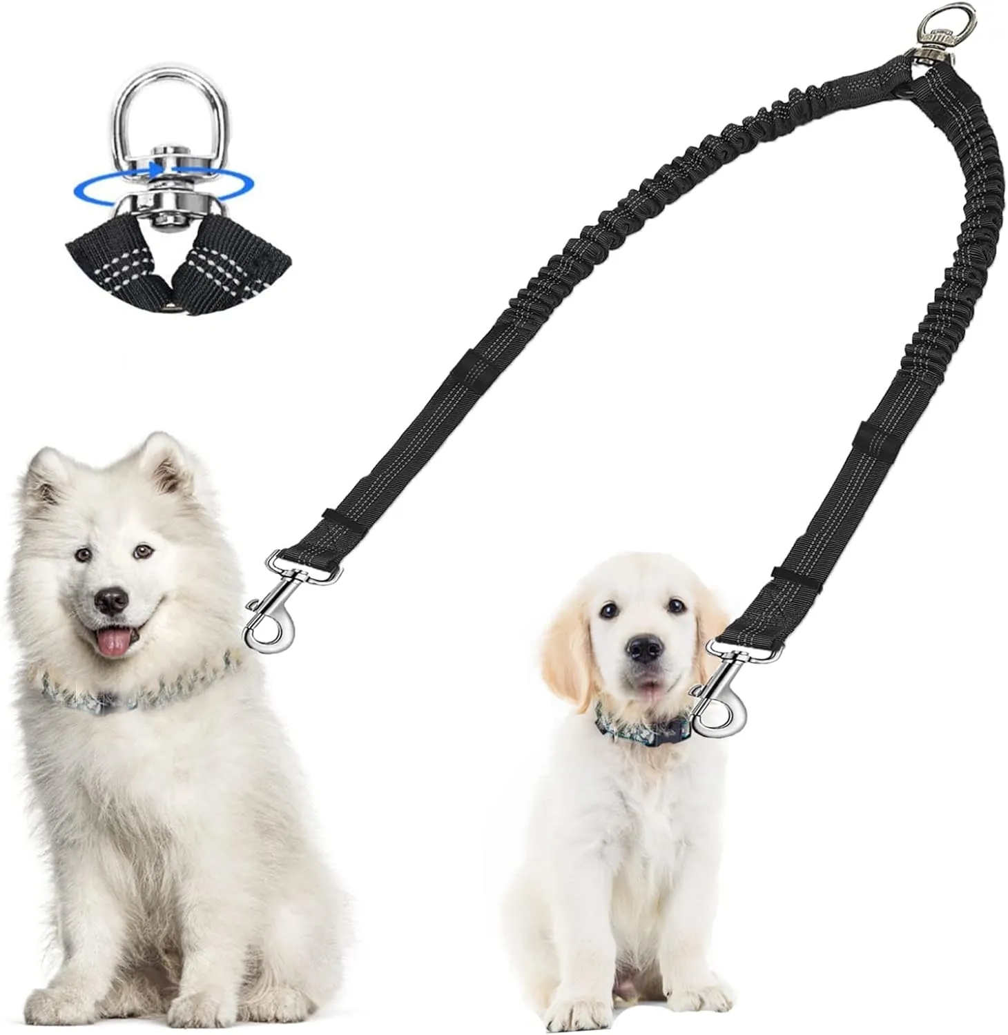 Dual Dog Leash Coupler - 360 No Tangle Double Leash for Medium Large Dogs - Black