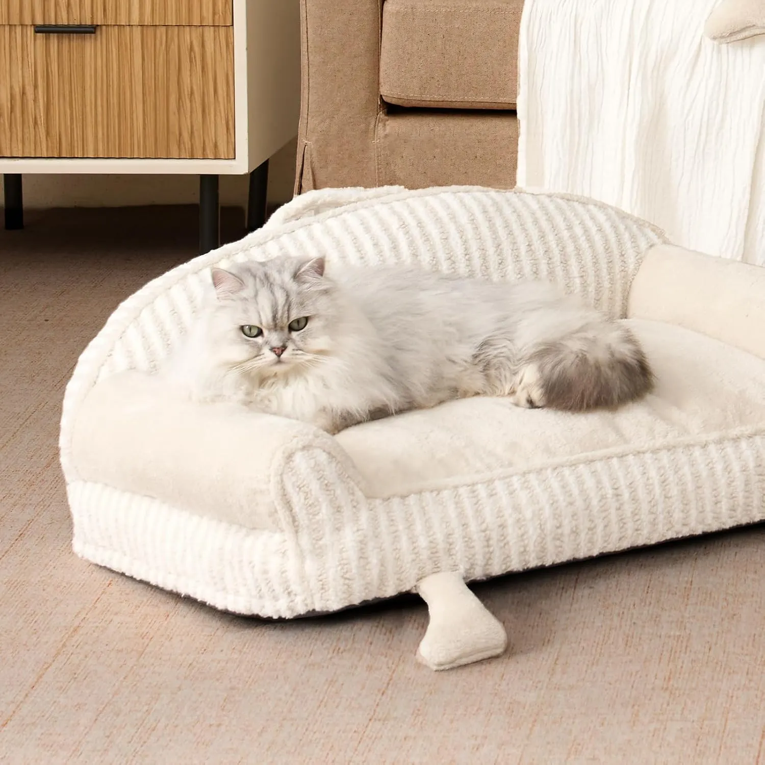 EHEYCIGA Small Dog Bed with Washable Removable Cover, Striped Cat Couch Beds for Indoor Cats, Shredded Memory Foam Waterproof Puppy Bed with Non-Slip Bottom, 24 Inch Cream