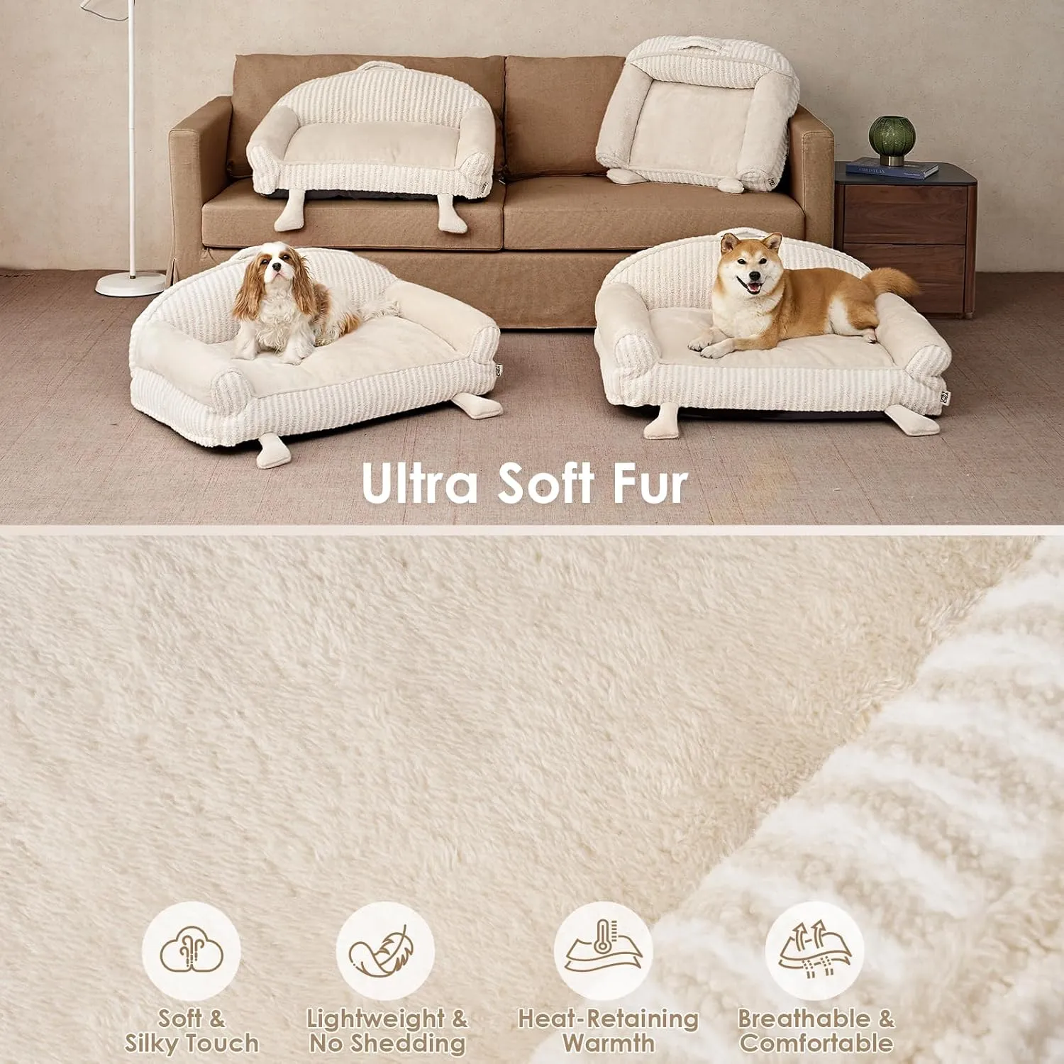 EHEYCIGA Small Dog Bed with Washable Removable Cover, Striped Cat Couch Beds for Indoor Cats, Shredded Memory Foam Waterproof Puppy Bed with Non-Slip Bottom, 24 Inch Cream