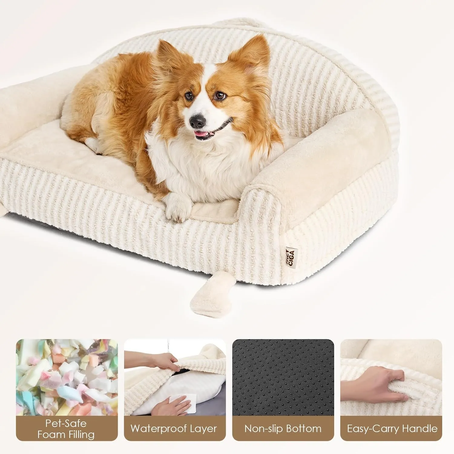 EHEYCIGA Small Dog Bed with Washable Removable Cover, Striped Cat Couch Beds for Indoor Cats, Shredded Memory Foam Waterproof Puppy Bed with Non-Slip Bottom, 24 Inch Cream