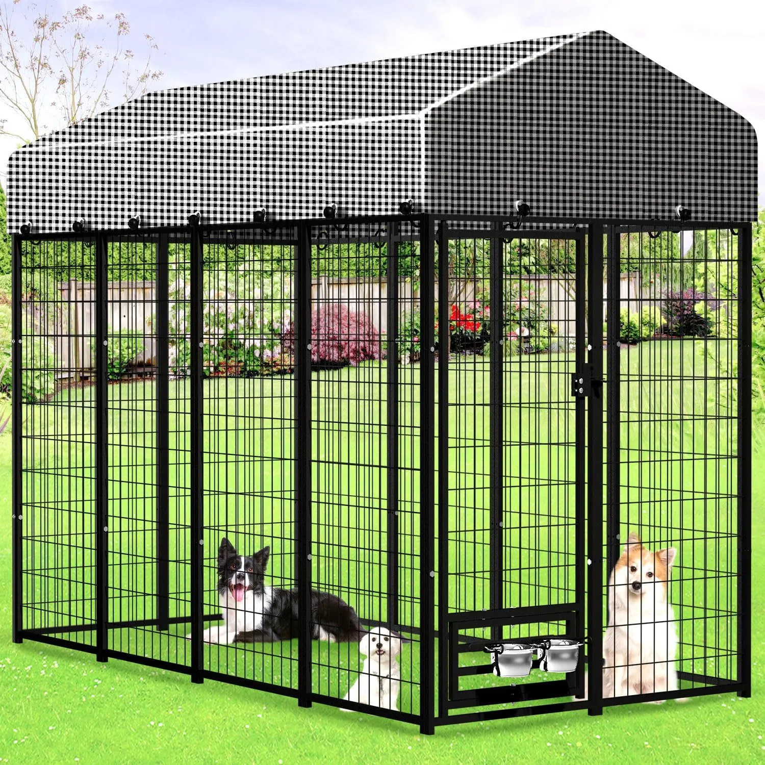 Expandable Large Outdoor Dog kennels,Upgraded Pet Palypen Dog House with Removable Waterproof Cover UV -Resistant Roof,Outside Heavy Duty Dog Enclosure with 2 Feeding Bowls(8'L x 4'W x 6'H)