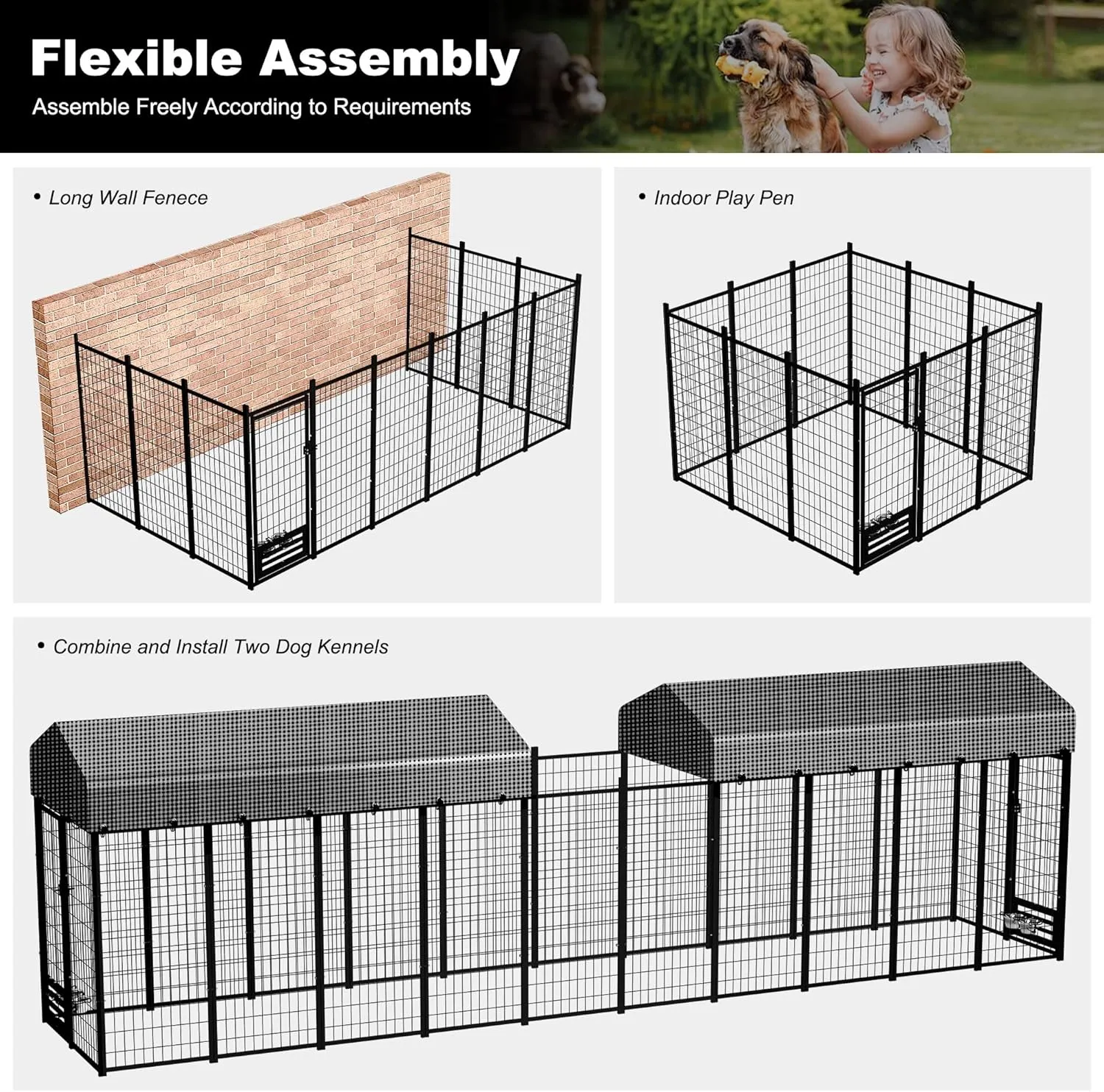 Expandable Large Outdoor Dog kennels,Upgraded Pet Palypen Dog House with Removable Waterproof Cover UV -Resistant Roof,Outside Heavy Duty Dog Enclosure with 2 Feeding Bowls(8'L x 4'W x 6'H)