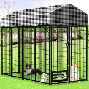 Expandable Large Outdoor Dog kennels,Upgraded Pet Palypen Dog House with Removable Waterproof Cover UV -Resistant Roof,Outside Heavy Duty Dog Enclosure with 2 Feeding Bowls(8'L x 4'W x 6'H)