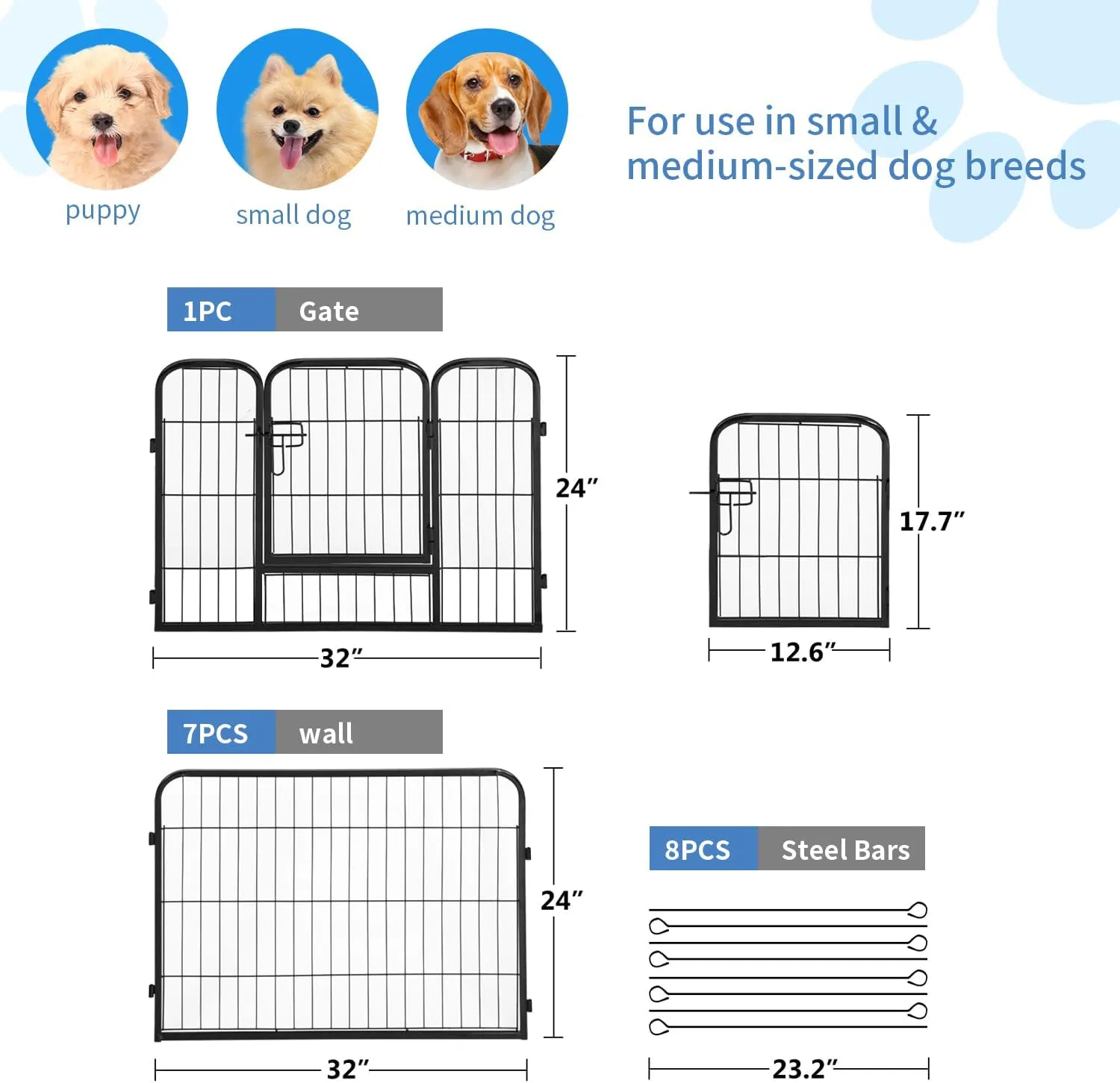 FDW Dog Playpen Dog Pen Dog Kennel 8 Panel 24 Inch Hight Indoor Outdoor Folding Metal Portable Puppy Exercise Pen Heavy Duty Dog Fence for Yard Camping,Black