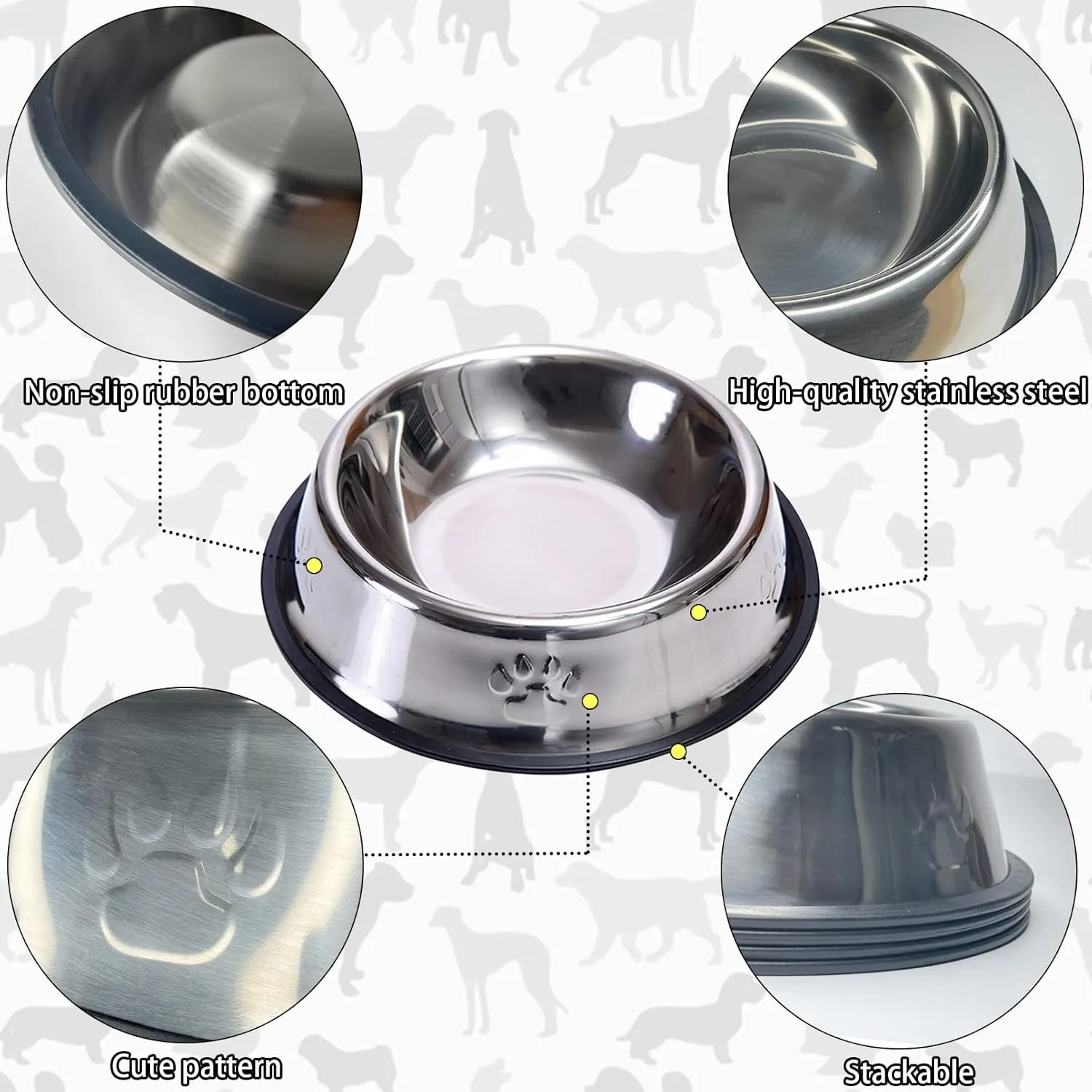 Fhiny 4PCS Stainless Steel Cat Bowls, Non-Slip Cats Water Dish with Rubber Base Stackable Pet Feeding Bowl Durable Multifunctional Replacement Whisker Fatigue Relief Plate for Kitten Puppy Small Dog