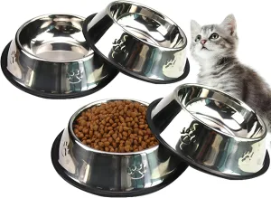 Fhiny 4PCS Stainless Steel Cat Bowls, Non-Slip Cats Water Dish with Rubber Base Stackable Pet Feeding Bowl Durable Multifunctional Replacement Whisker Fatigue Relief Plate for Kitten Puppy Small Dog