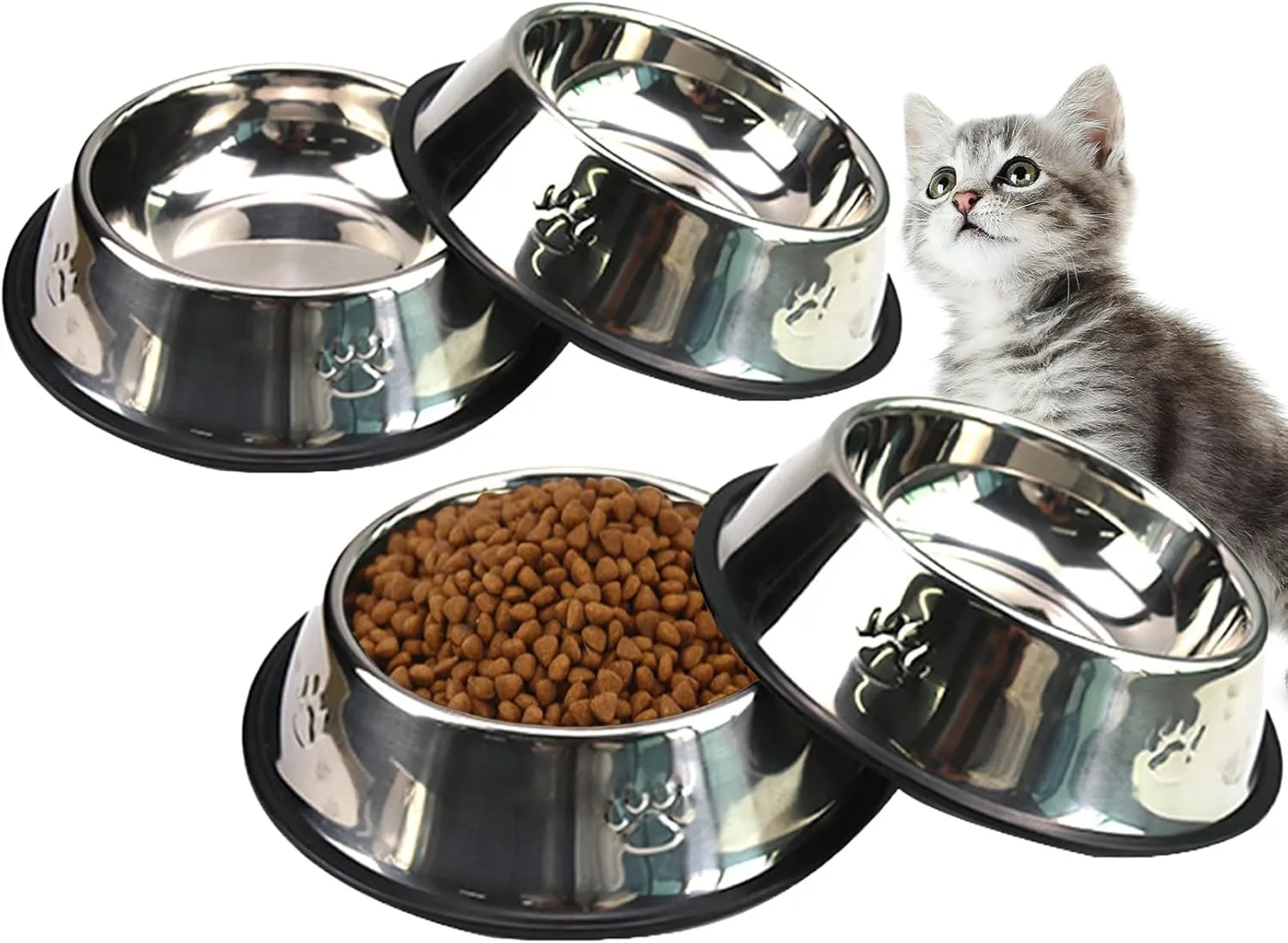Fhiny 4PCS Stainless Steel Cat Bowls, Non-Slip Cats Water Dish with Rubber Base Stackable Pet Feeding Bowl Durable Multifunctional Replacement Whisker Fatigue Relief Plate for Kitten Puppy Small Dog