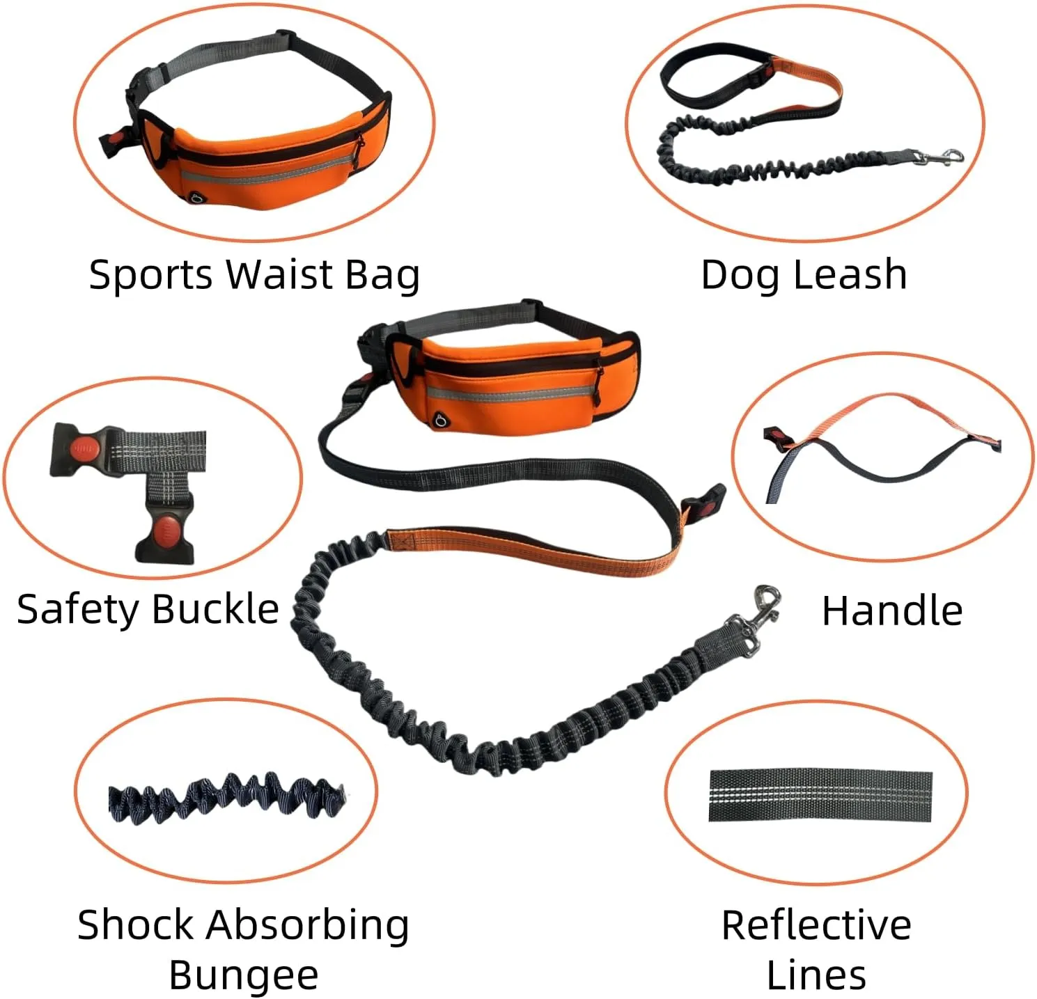 FJ Four Joys Hands Free Dog Leash with Zipper Pouch, Waist Leash for Dog Walking with Shock Absorbing Bungee for Walking, Jogging and Running (Orange)