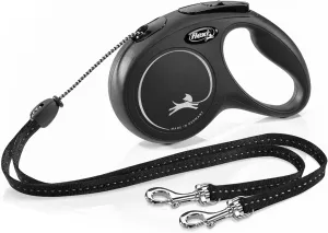 FLEXI New Classic Cord Retractable Double Dog Leash for Small Dogs Upto 18 lbs.  16 ft., Black | Tangle Free Pet Walking Leash with One-Handed Brake, Pause, Lock