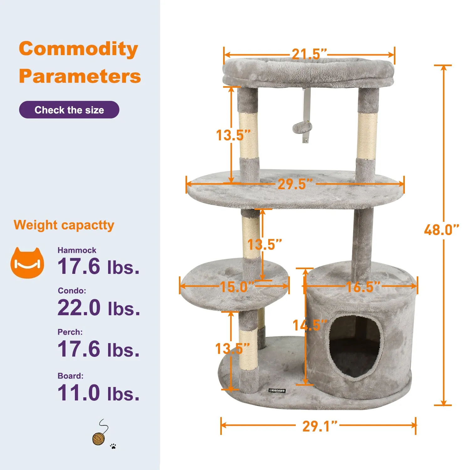 GOOPAWS 3-Tier 48-in Faux Fur Top Perch Cat Tree & Condo, Grey
