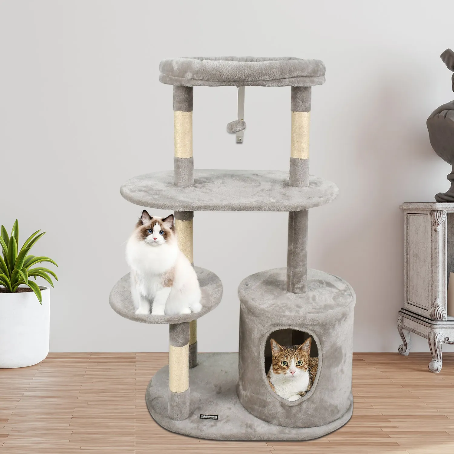 GOOPAWS 3-Tier 48-in Faux Fur Top Perch Cat Tree & Condo, Grey