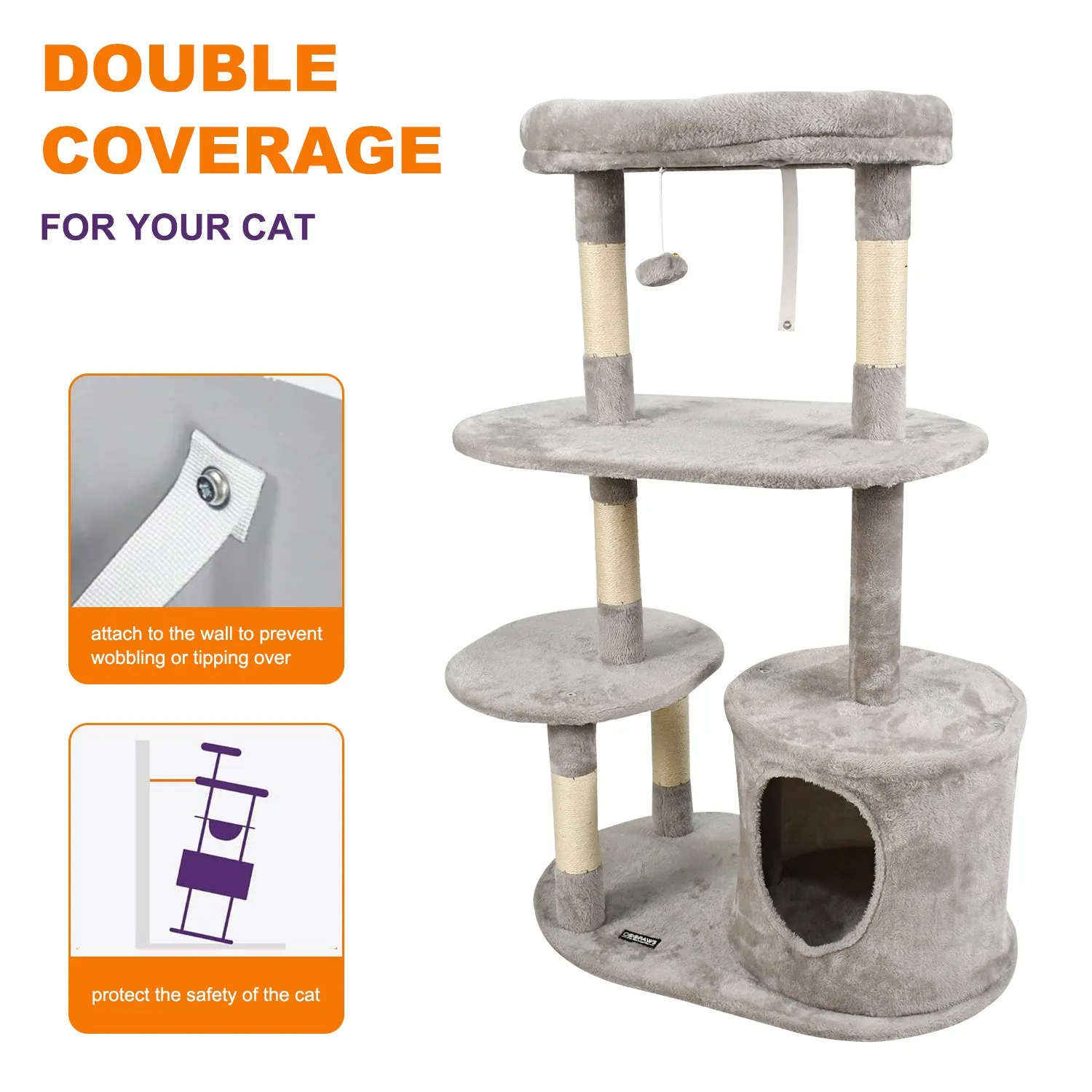 GOOPAWS 3-Tier 48-in Faux Fur Top Perch Cat Tree & Condo, Grey