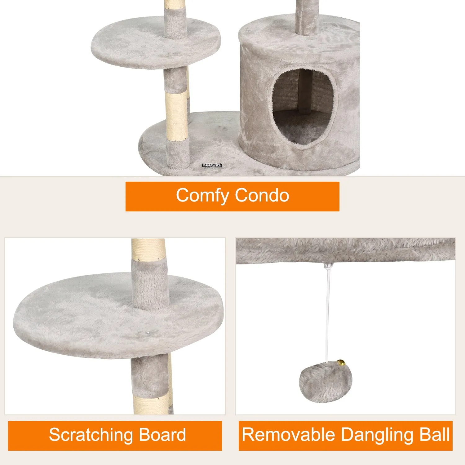 GOOPAWS 3-Tier 48-in Faux Fur Top Perch Cat Tree & Condo, Grey