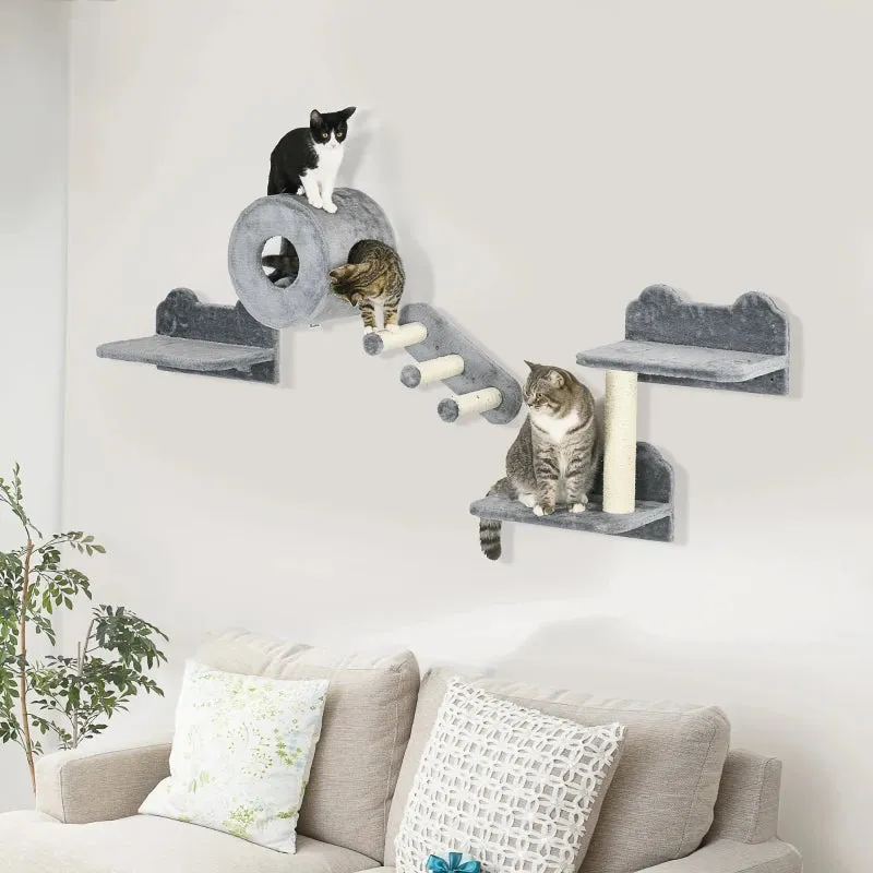 Grey Wall-Mounted Cat Tree with Steps, Perch, Cat House - 4PCs