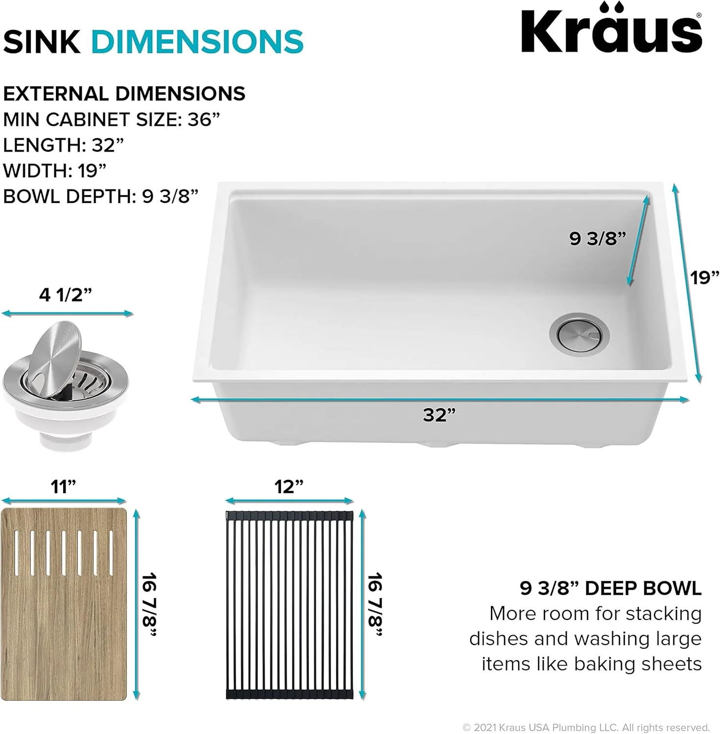 Kraus KGUW1-33WH-100-100, Bellucci Workstation 32 in. Undermount Granite Composite Single Bowl Kitchen Sink in White with WasteGuard 1 HP Continuous Feed Garbage Disposal and Accessories