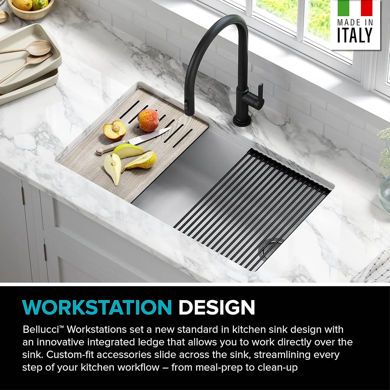 Kraus KGUW1-33WH-100-100, Bellucci Workstation 32 in. Undermount Granite Composite Single Bowl Kitchen Sink in White with WasteGuard 1 HP Continuous Feed Garbage Disposal and Accessories
