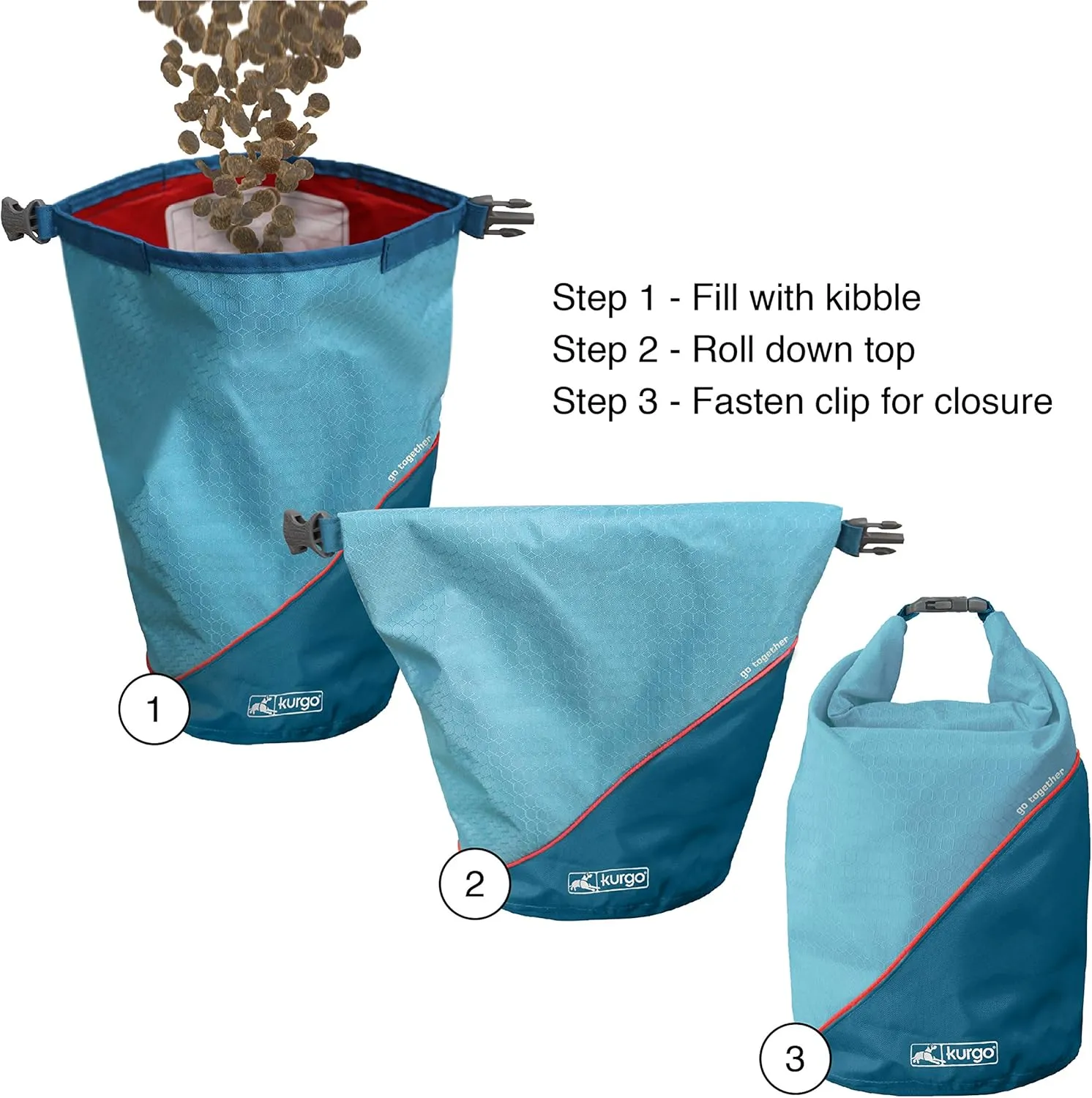 Kurgo Kibble Carrier for Dogs, Dog Food Travel Bag, Pet Travel Food Storage Container, Dog Accessories for Camping, BPA Free, Foldable, Holds 5 Pounds, Coastal Blue