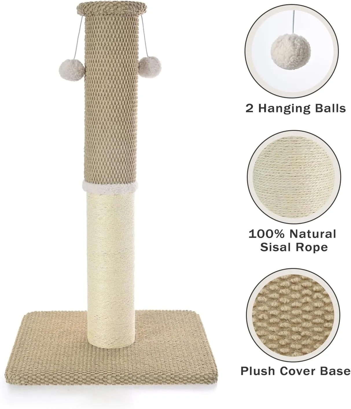 Made4Pets Cat Scratching Post 33", Tall Scratching Posts for Indoor Cats Adults, Natural Sisal Rope Cat Scratcher with Replacement Hanging Balls, 4.3 Inches Thick Cat Scratch Post, Beige