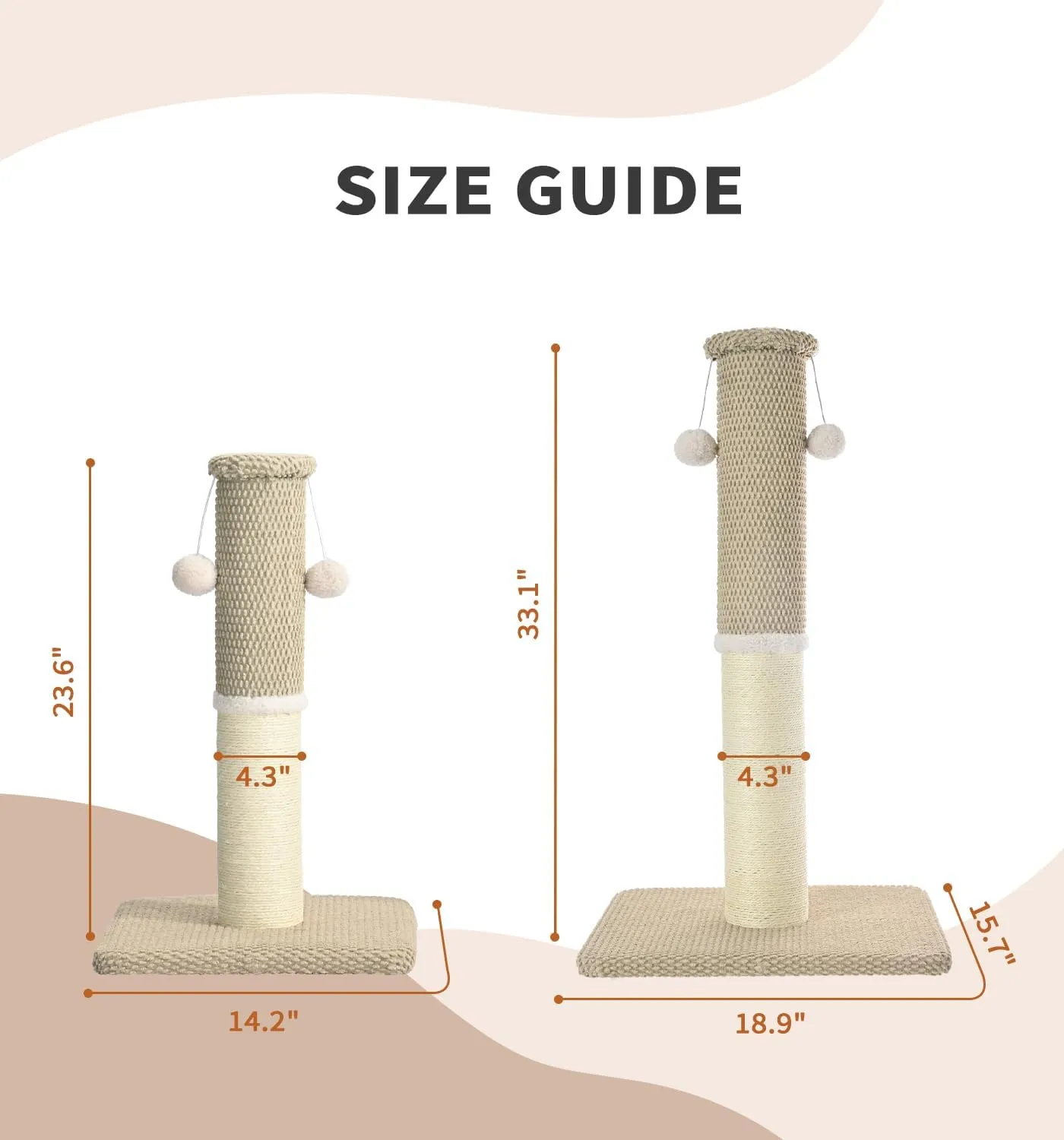 Made4Pets Cat Scratching Post 33", Tall Scratching Posts for Indoor Cats Adults, Natural Sisal Rope Cat Scratcher with Replacement Hanging Balls, 4.3 Inches Thick Cat Scratch Post, Beige