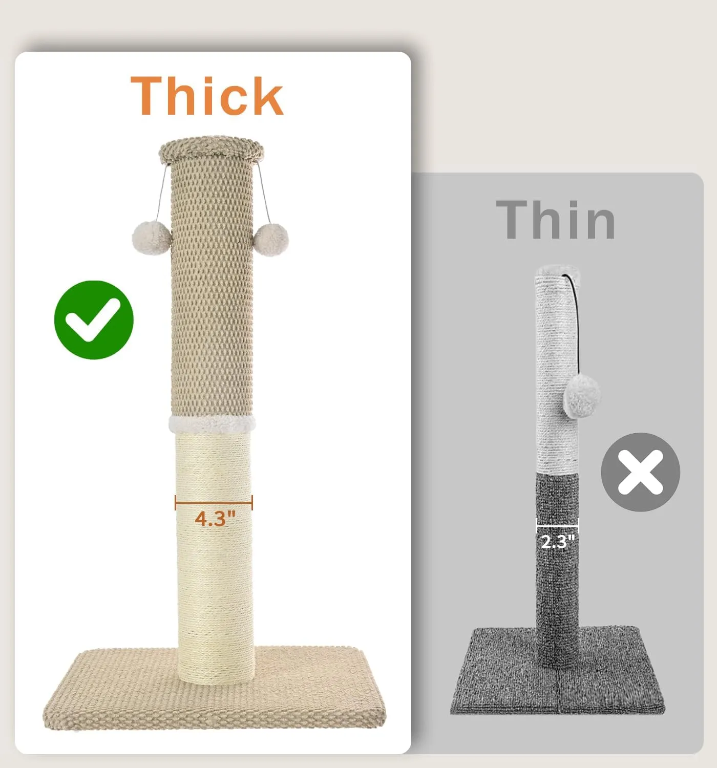 Made4Pets Cat Scratching Post 33", Tall Scratching Posts for Indoor Cats Adults, Natural Sisal Rope Cat Scratcher with Replacement Hanging Balls, 4.3 Inches Thick Cat Scratch Post, Beige